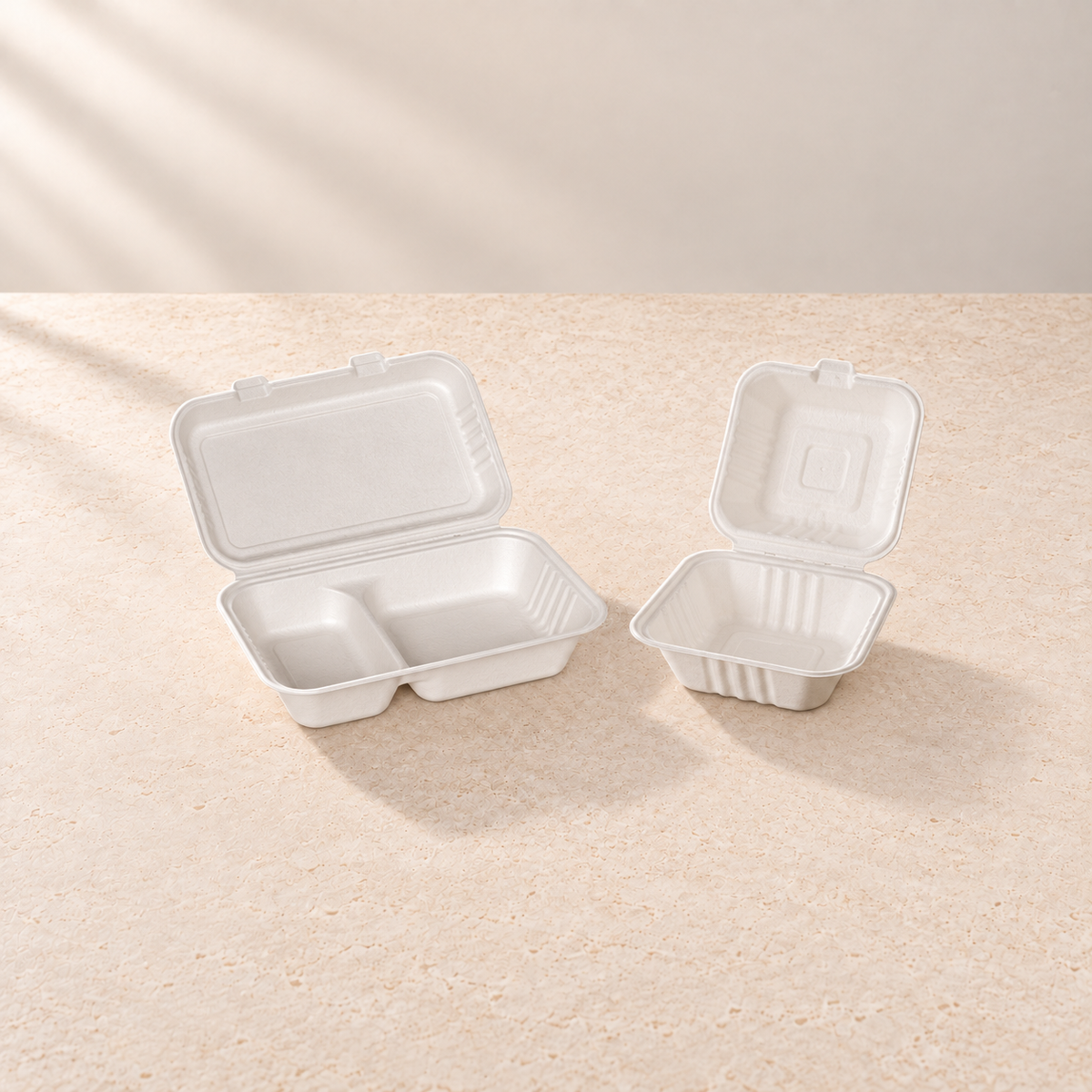Weiße Bagasse-Menübox zweigeteilt und Bagasse-Burgerbox