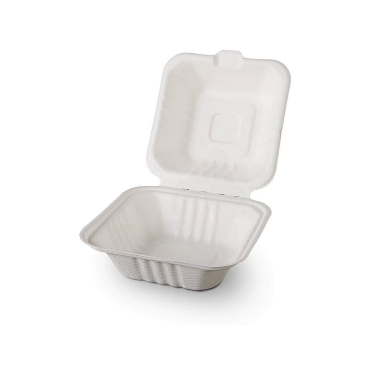 Burgerbox, Zuckerrohr (Bagasse), Weiß, 162 × 152 × 80 mm – geöffnet, leer