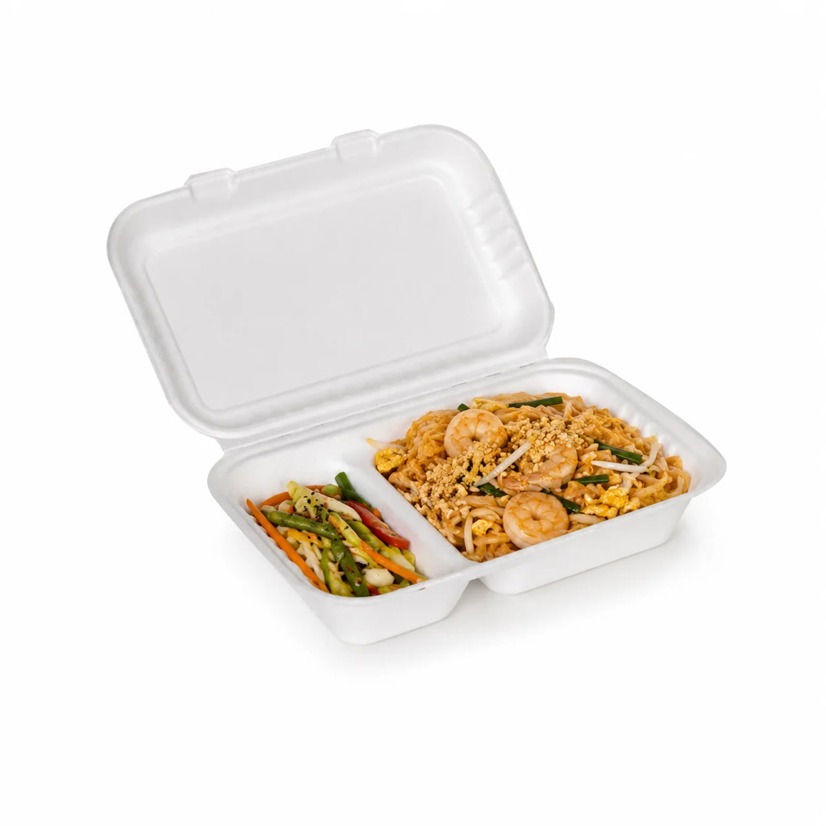 Menübox Bagasse, Weiß, 250 × 160 × 70 mm, 2-geteilt – gefüllt, zwei Kammern