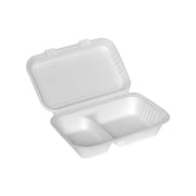 Menübox Bagasse, Weiß, 250 × 160 × 70 mm, 2-geteilt – geöffnet, leer