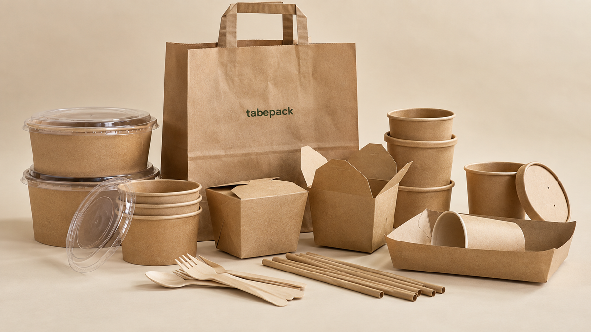 Arrangement aus Kraftpapierschalen, Bechern, Foodboxen und einer Tragetasche mit tabepack-Aufdruck