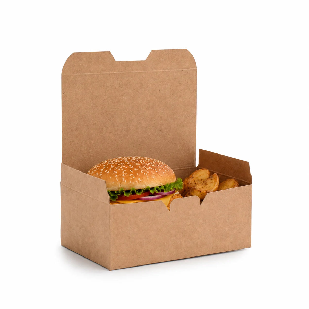 Snackbox 900 ml (Gr. M), Kraftpapier, 150 × 91 × 70 mm – mit Burger und Pommes