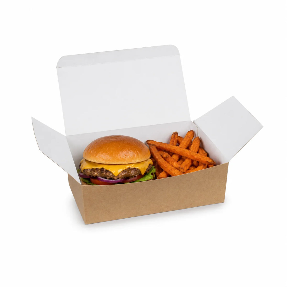 Snackbox L, Kraftpapier/Weiß, 220 × 120 × 75 mm – mit Burger und Pommes