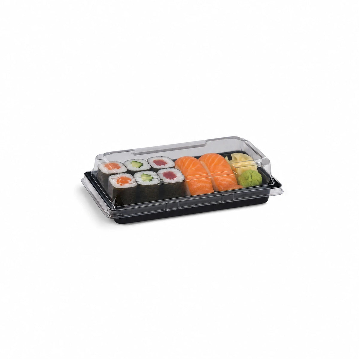 Sushi-Schale S, PET, Schwarz, 140,5 × 80 × 21,6 mm, inkl. Deckel – gefüllt mit Sushi