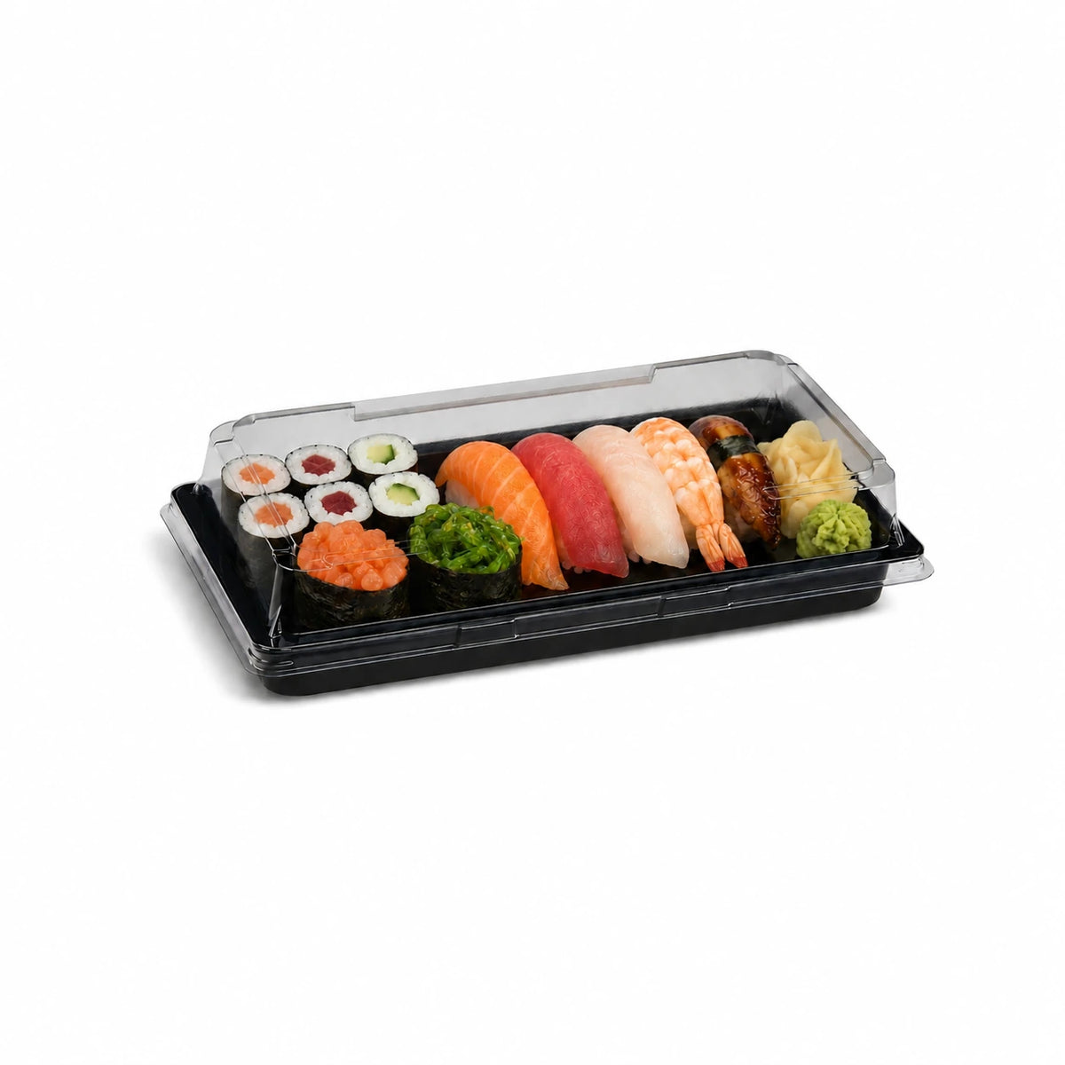 Sushi Schale XL, PET, Schwarz, 213,5 x 134 x 20,5 mm, inkl. Deckel – gefüllt mit Sushi