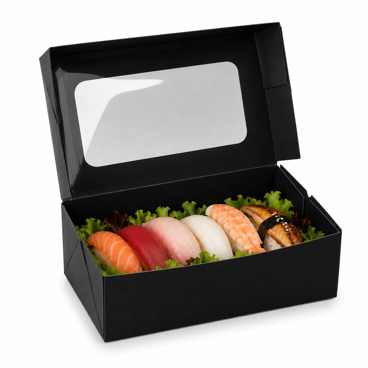 Sushi-Faltbox Nr. 1, Kraft/Schwarz, 160 × 100 × 50 mm, mit Sichtfenster – geöffnet, mit Sushi