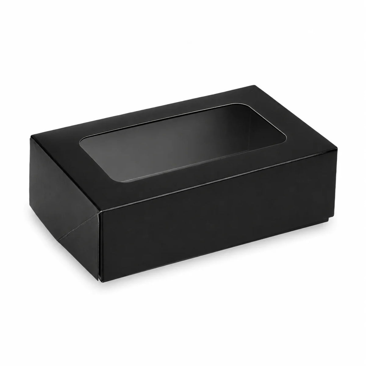 Sushi-Faltbox Nr. 1, Kraft/Schwarz, 160 × 100 × 50 mm, mit Sichtfenster – geschlossen