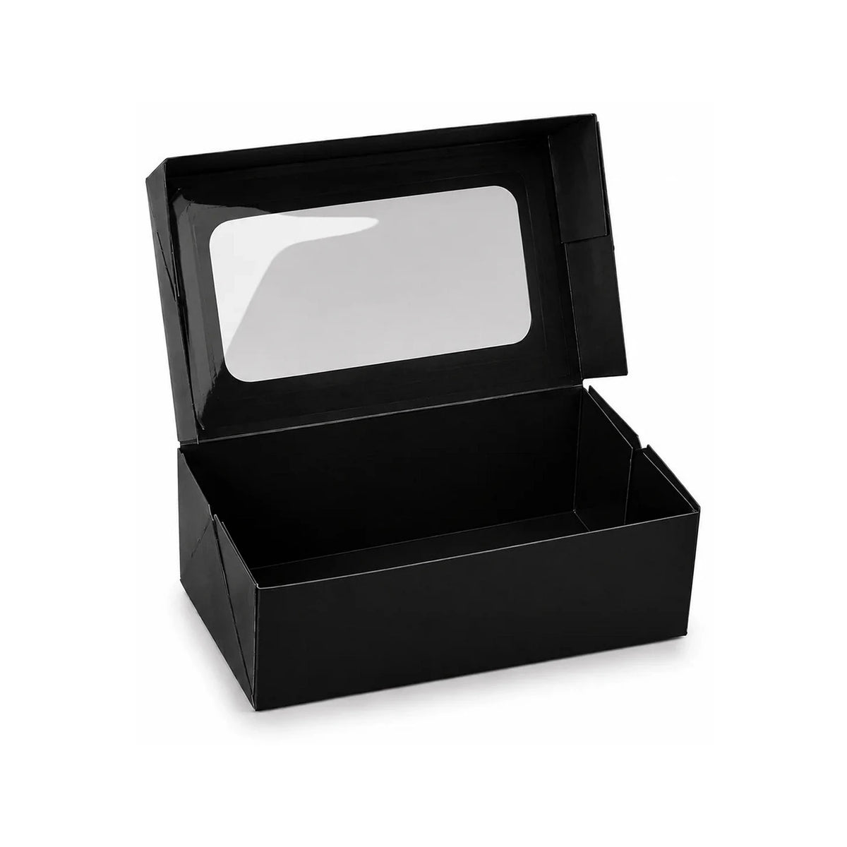 Sushi-Faltbox Nr. 1, Kraft/Schwarz, 160 × 100 × 50 mm, mit Sichtfenster – geöffnet, leer