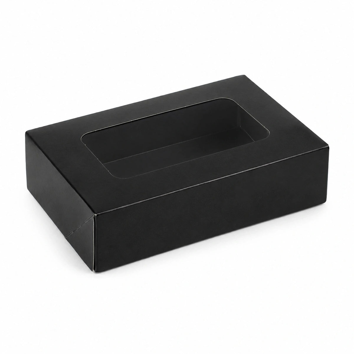 Sushi-Faltbox Nr. 4, Kraft/Schwarz, 190 × 130 × 50 mm, mit Sichtfenster – geschlossen