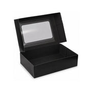 Sushi-Faltbox Nr. 4, Kraft/Schwarz, 190 × 130 × 50 mm, mit Sichtfenster – geöffnet