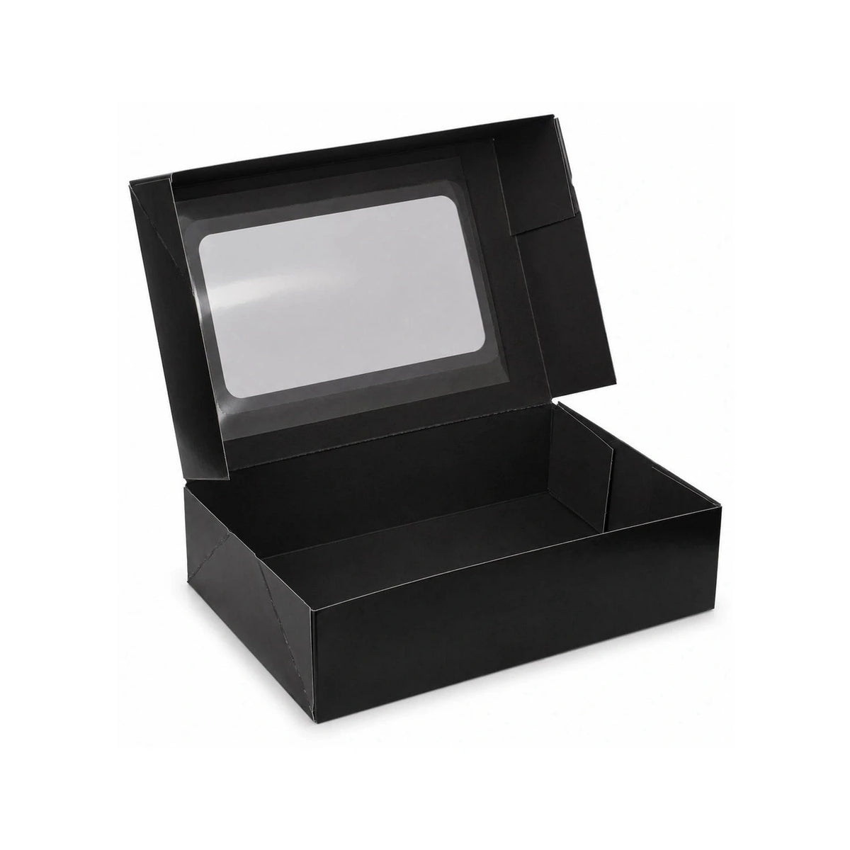 Sushi-Faltbox Nr. 4, Kraft/Schwarz, 190 × 130 × 50 mm, mit Sichtfenster – geöffnet