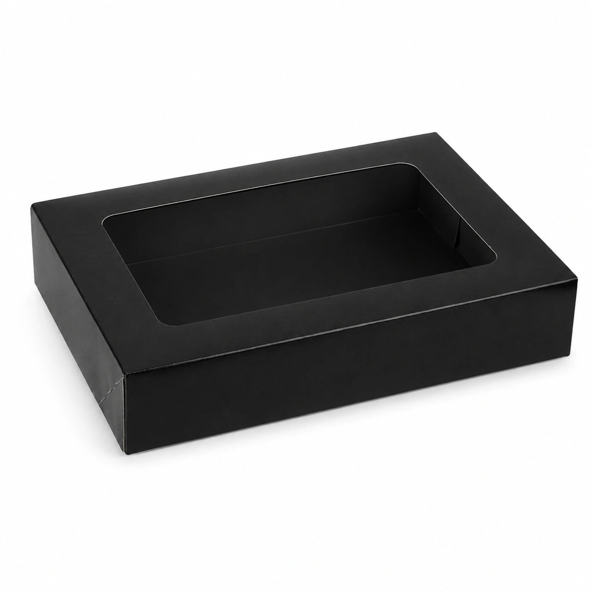 Sushi-Faltbox Nr. 6, Kraft/Schwarz, 260 × 190 × 50 mm, mit Sichtfenster – geschlossen