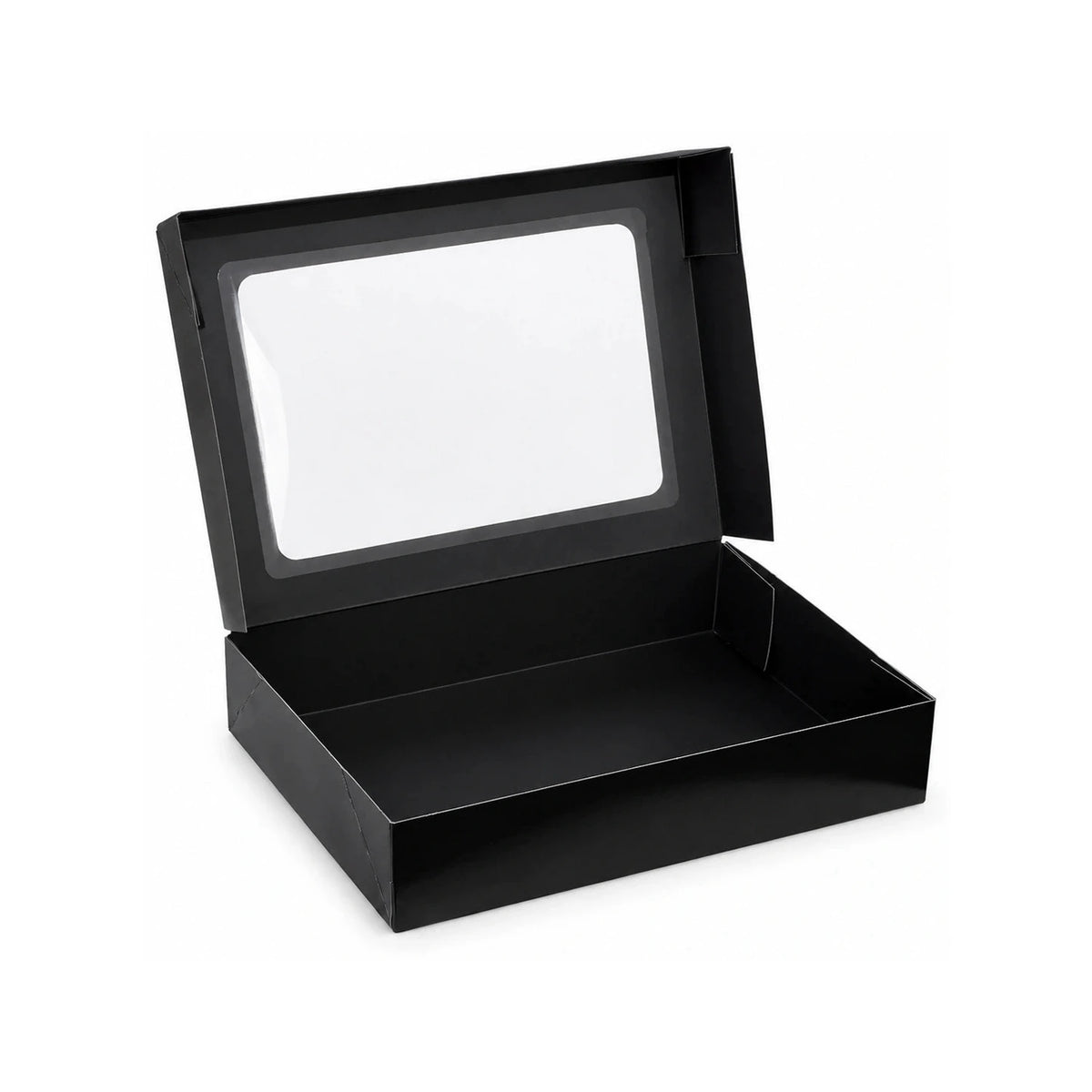 Sushi-Faltbox Nr. 6, Kraft/Schwarz, 260 × 190 × 50 mm, mit Sichtfenster – geöffnet