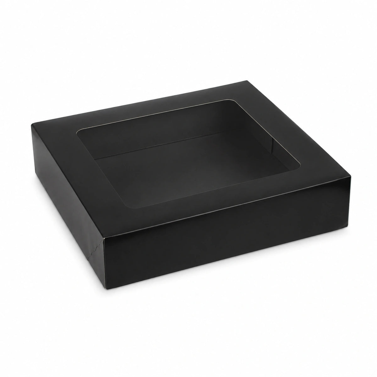 Sushi-Faltbox Nr. 8, Kraft/Schwarz, 250 × 250 × 50 mm, mit Sichtfenster – geschlossen