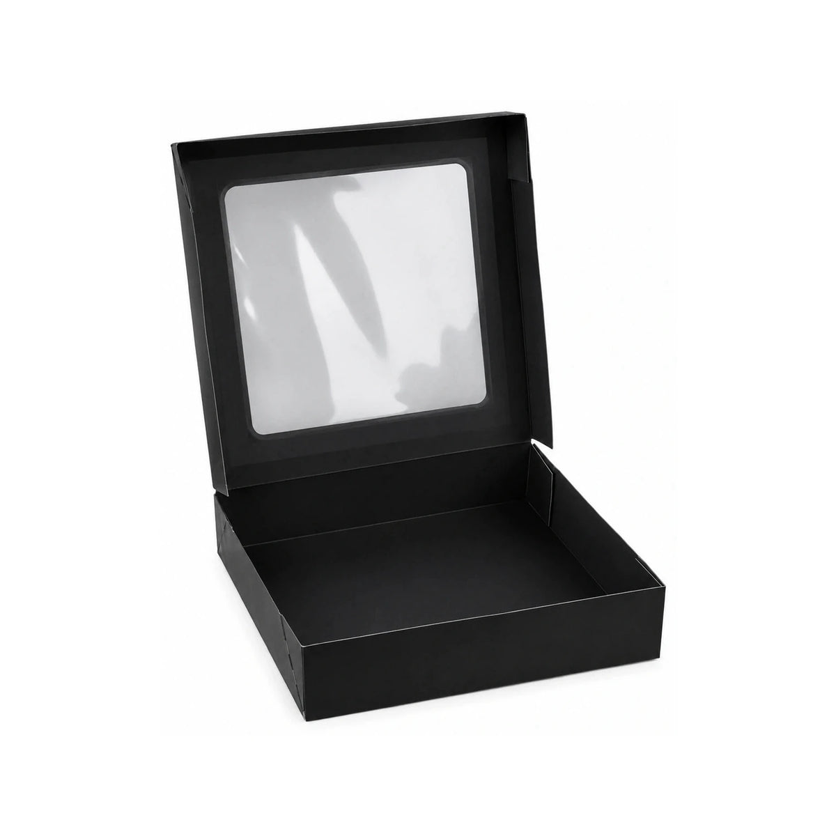Sushi-Faltbox Nr. 8, Kraft/Schwarz, 250 × 250 × 50 mm, mit Sichtfenster – geöffnet