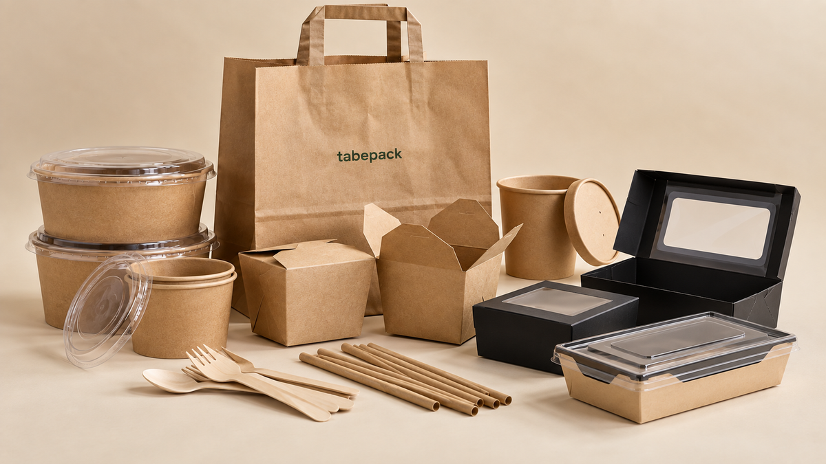 Verpackungssortiment mit Kraftpapierschalen, Bechern, Tragetasche, Besteck und schwarzen Sushi-Faltboxen sowie Sushi-Tray – illustrative Inszenierung